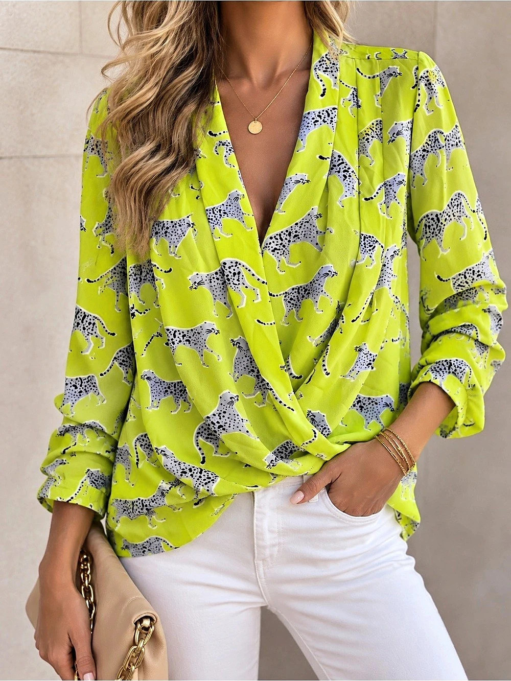 Ann Taylor Factory Leopard Print Blouse in Green & White Size LP Like New